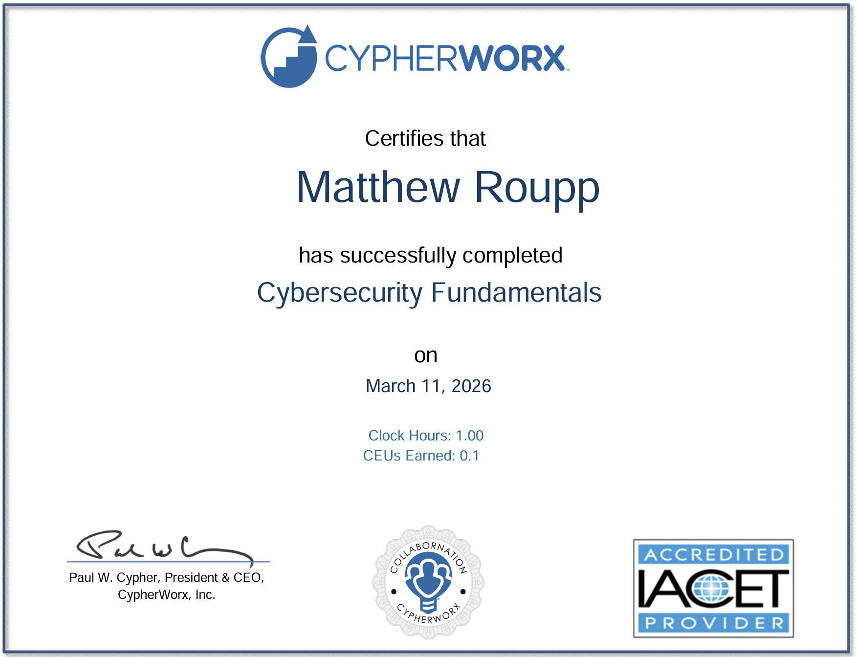 CypherWorx Cybersecurity Fundamentals certificate