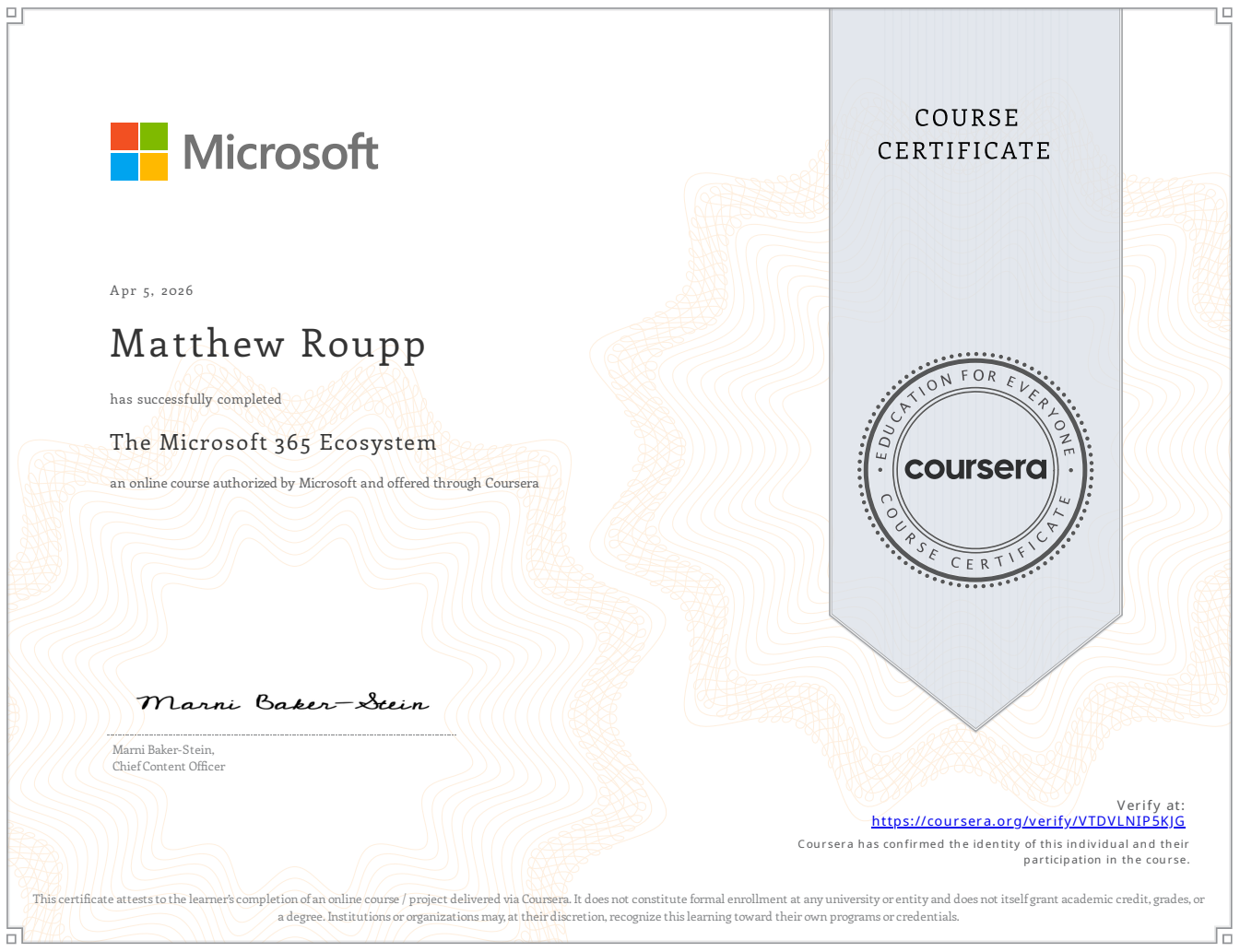 Microsoft 365 Ecosystem course certificate