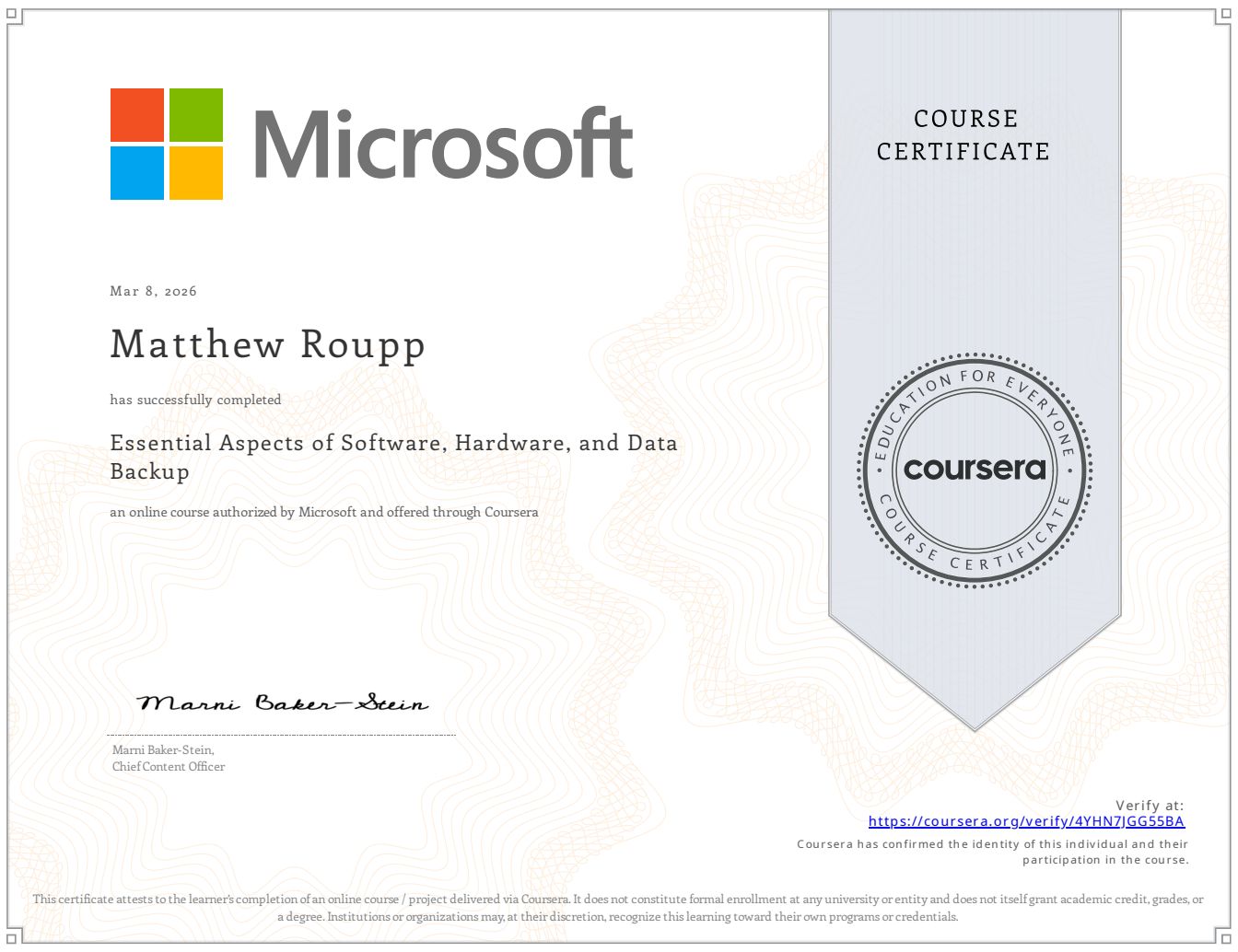 Essential Aspects of Software, Hardware, and Data Backup certificate
