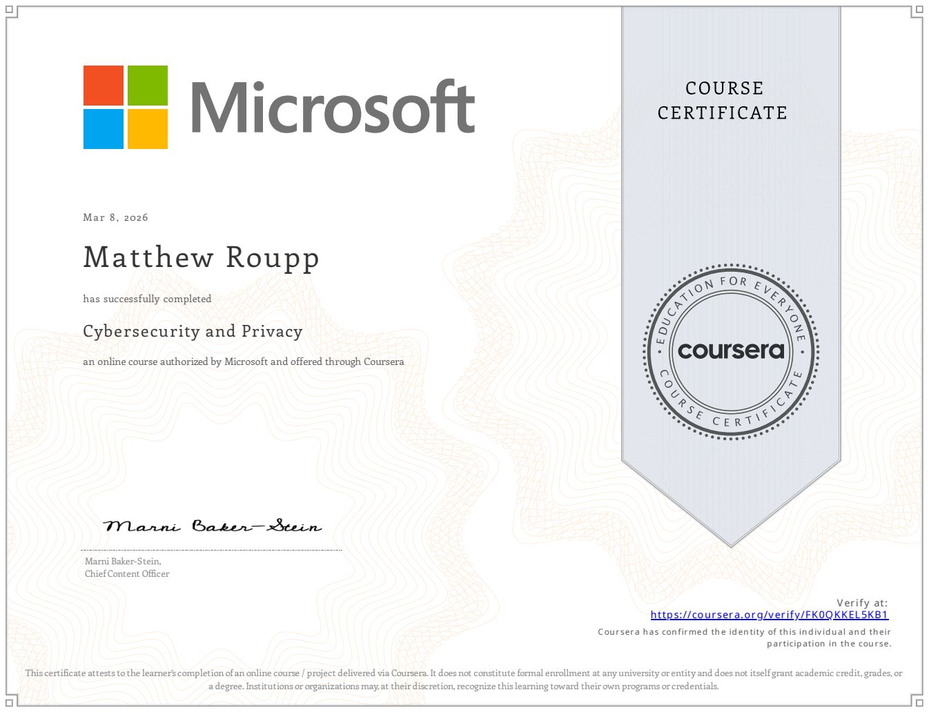 Microsoft Cybersecurity and Privacy certificate
