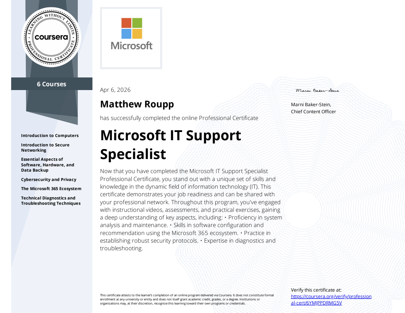 Microsoft IT Support Specialist Professional Certificate