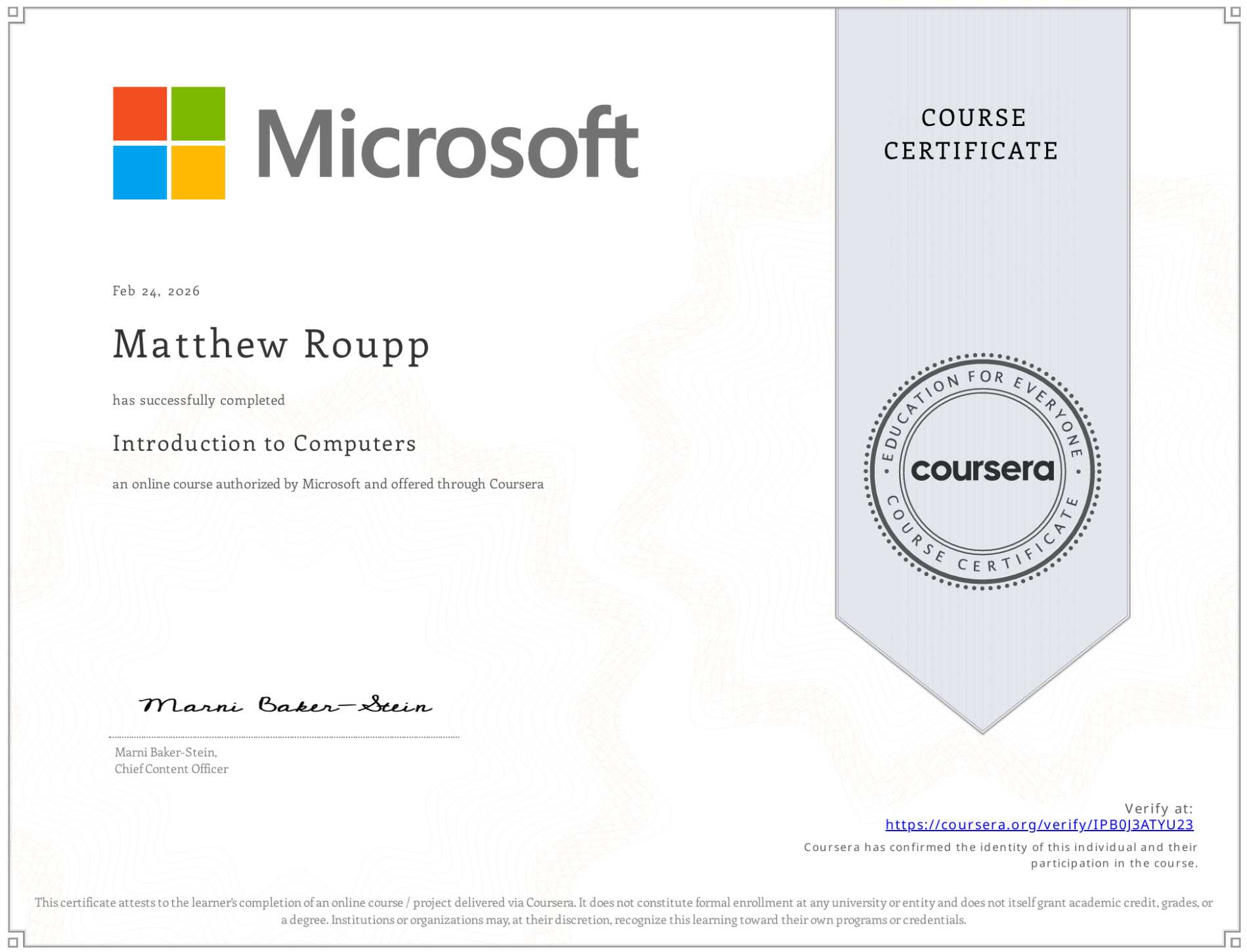 Microsoft Introduction to Computers certificate
