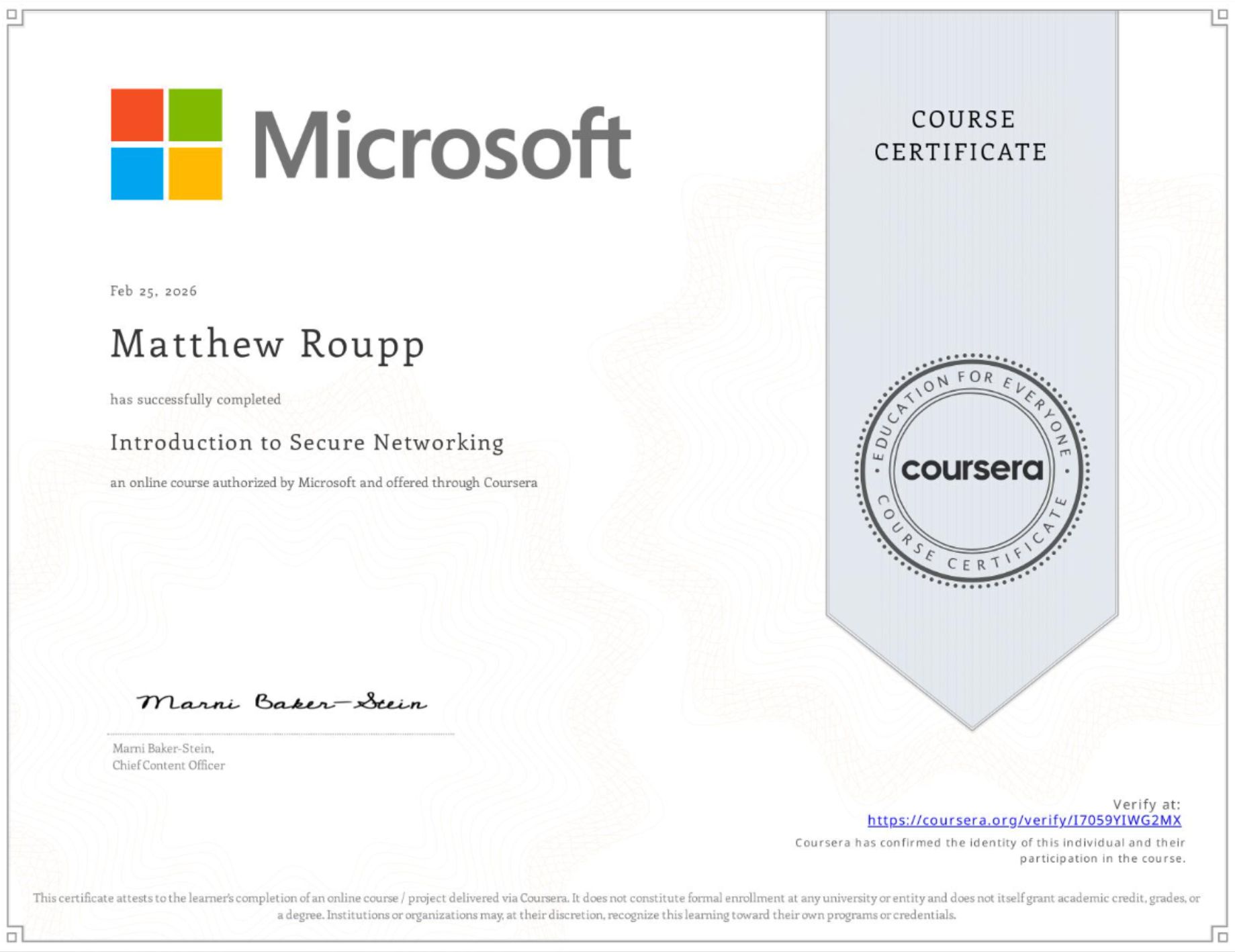 Microsoft Introduction to Secure Networks certificate